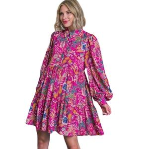 194. Women’s Fuchsia Floral Baby Doll Long Sleeve Dress NWT